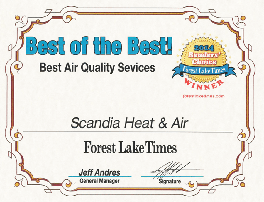 Best of the Best Air Quality Services Award from Forest Lake Times