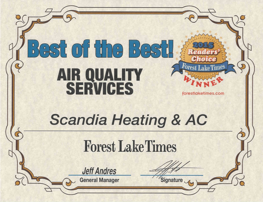 2015 Best of the Best Air Quality Servies Award from Forest Lake Times.