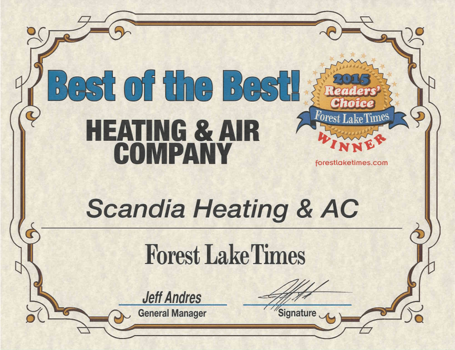 2015 Best of the Best Heating & Air Company Award from Forest Lake Times.